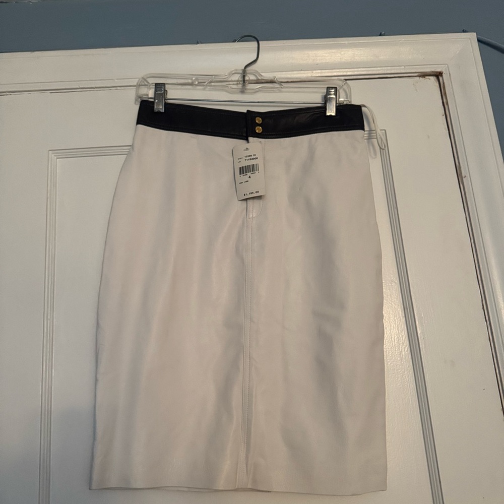 Ralph Lauren Leather  Black Label NWT White Pencil Skirt with Black Waistband